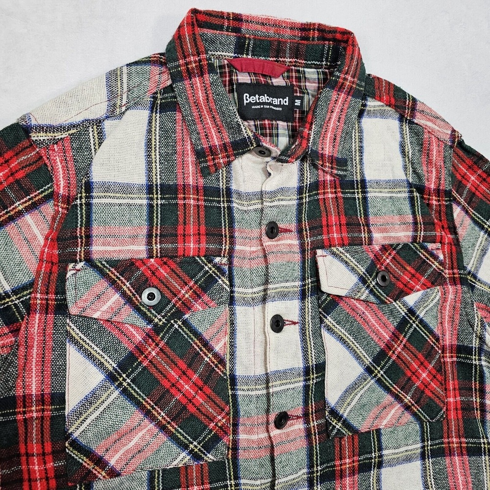 Betabrand Flannel Shirt Mens M Red Green White Plaid Pockets Button Shacket USA